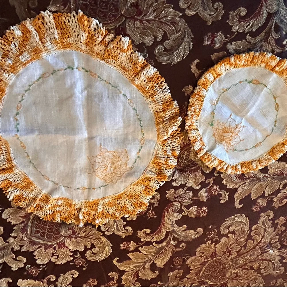 Vintage‎ Orange & White Crochet Circle Doilies 2PC Set